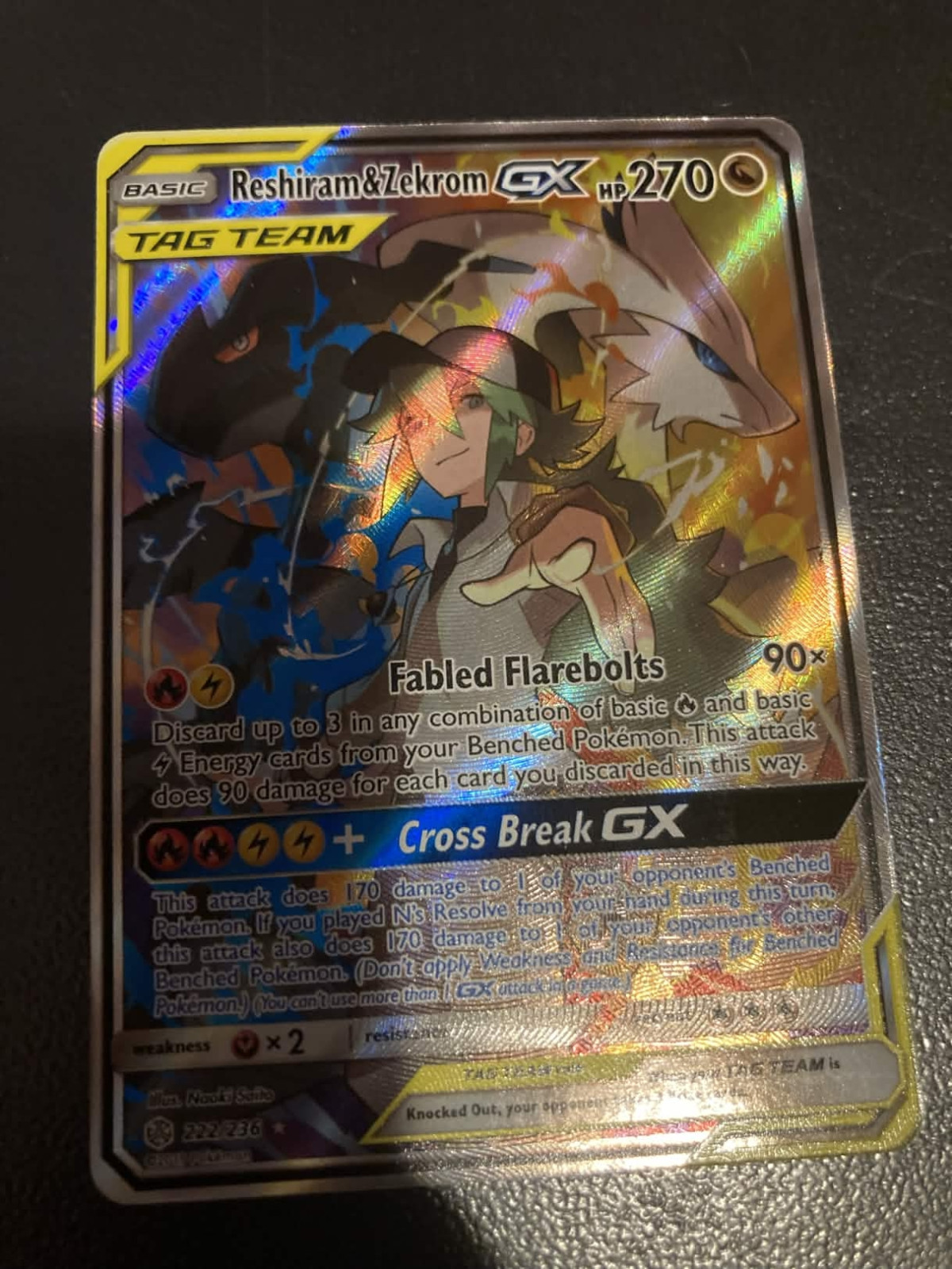 Reshiram & Zekrom GX (Full Art) 222/236 Sm-Cosmic Eclipse Holo (LP, Ungraded)