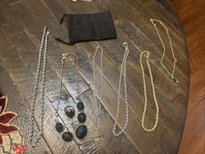 Lot Of 6 Vtg Gold Tone Chain Necklaces Rope Various Lengths 1 Ring Emerald EUC