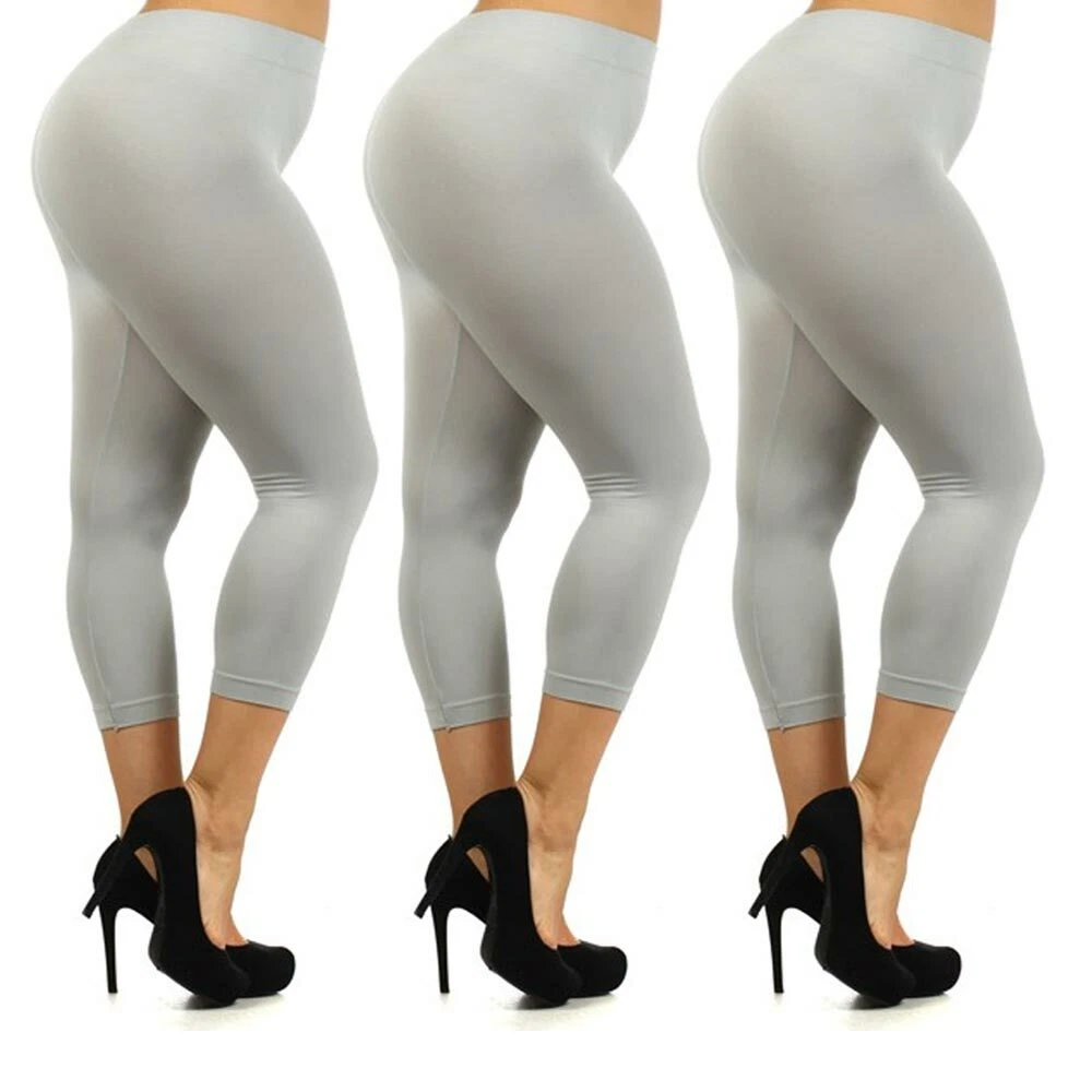 3 Women Plus Size Stretch Leggings High Waisted Solid Capri Active