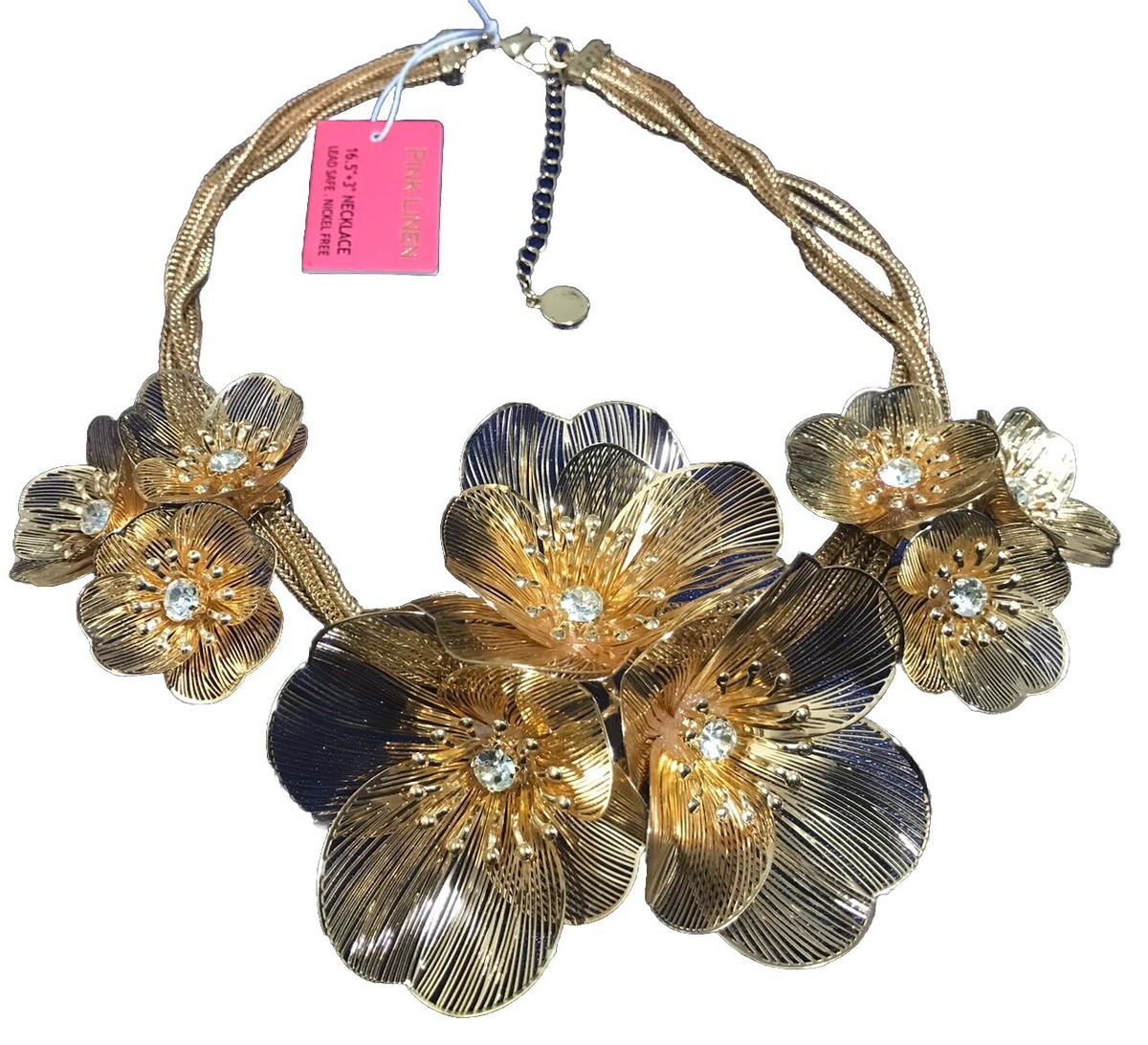 Pink linen 3-D flower gold necklace | eBay