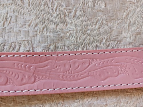 Nocona Size 22 Pink Tooled Leather Belt Western Rodeo Style Brass Silver Horse B - Picture 8 of 13
