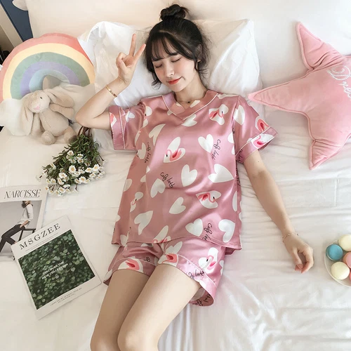 Damen Seide Satin Pyjama Set Kurzarm Nachtwäsche V-Ausschnitt Homewear 2-teilig Pyjama - Bild 39 von 60