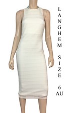 ??LANGHEM  WHITE ZIP ZAP STRIP LACE OVELAY BODYCON MIDI COCKTAIL DRESS SIZE 6 AU