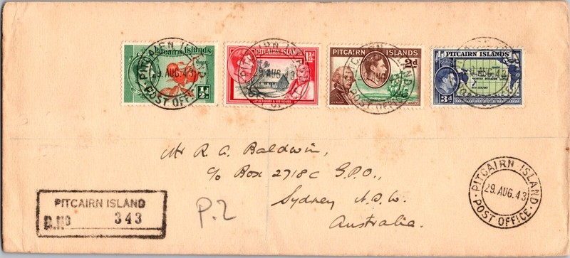 1945 Pitcairn Islands Registered Letter mail Cover To Australia Sydney