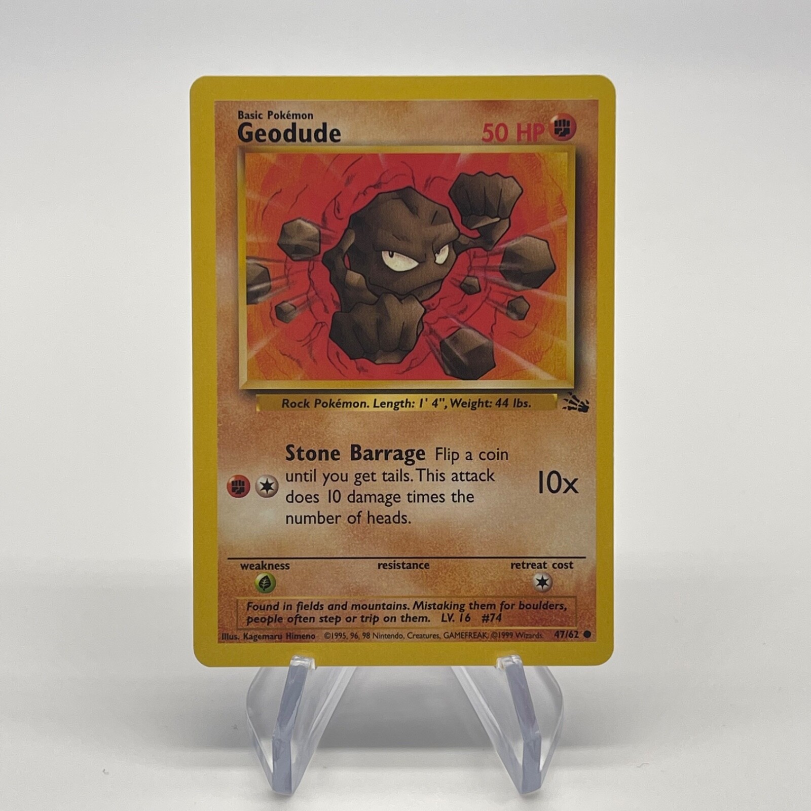 Geodude 47/62 - Vintage 1999 Fossil Set LP & Near Mint Authentic Pokemon Card