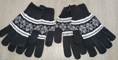 2 pair IDENTICAL WINTER GLOVES black gray white ONE SIZE NEW NWOT womens NICE!