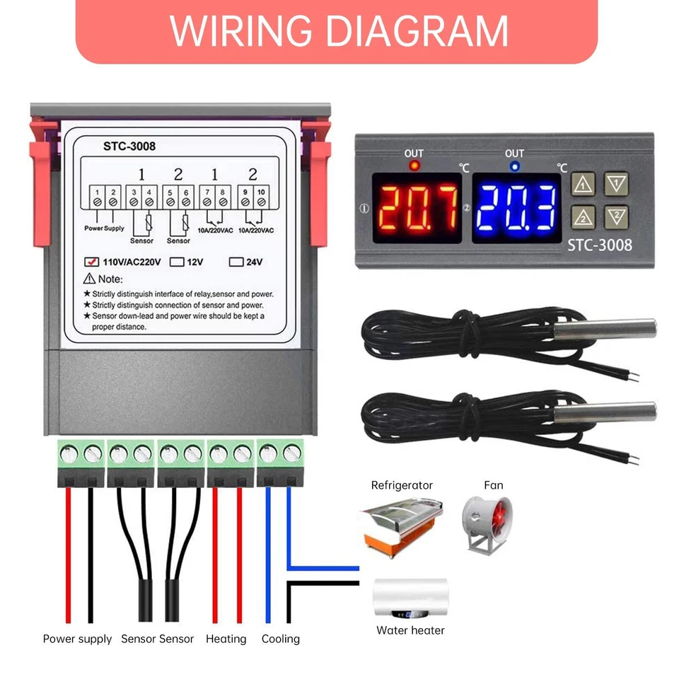 STC-3008 Thermostat Numérique Contrôleur de Température à Double Affichage Nu... - Photo 3/4