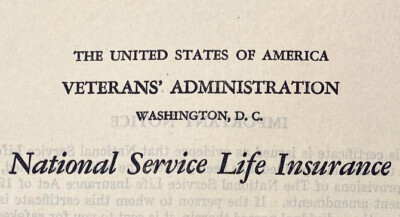 Vintage 1943 National Service Life Insurance Certificate Veterans Administration
