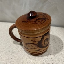 Handmade Painted Exotic Flowers Wooden Cup w/Lid