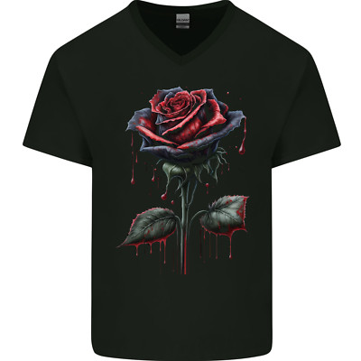 A Gothic Rose Tropfend Mit Blut Gothic Herren V-Ausschnitt Baumwolle Maglietta