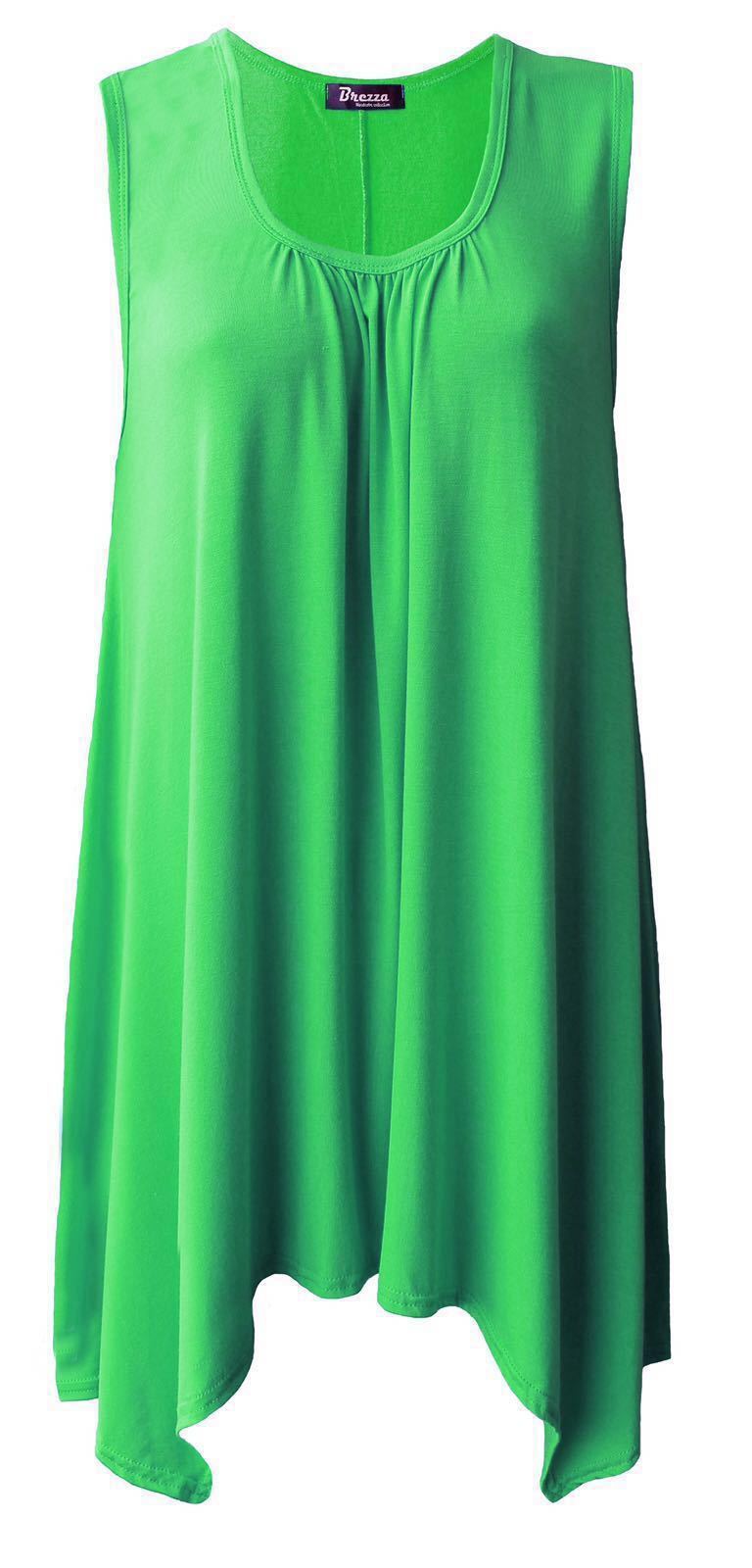 Women Ladies Hanky Hem Sleeveless Flared Jersey Long Tunic Flared Swing