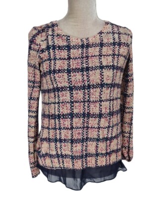 Lucky Brand Women Size S Purple Plaid Two Layer Ruffle Crew Neck Long SLV  297P