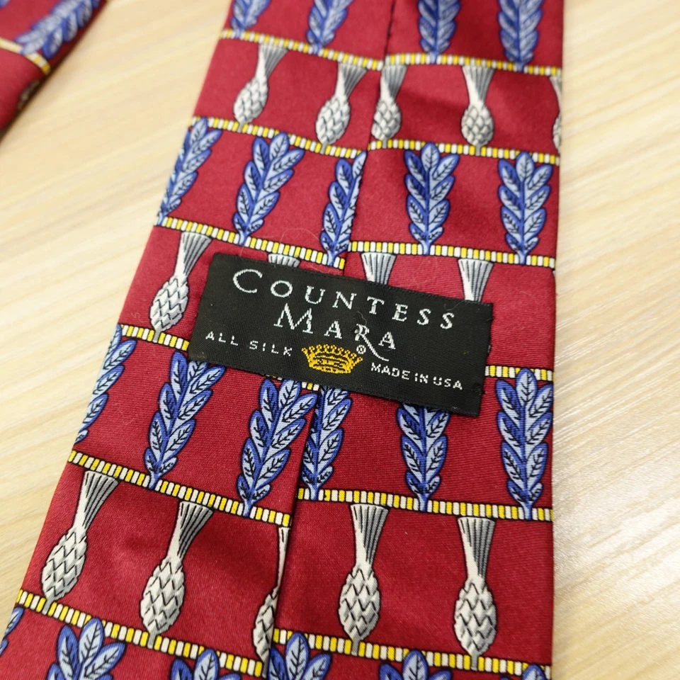 Vintage 80s Neck Tie Mens Burgundy Blue Art Deco Silk USA Designer COUNTESS MARA - Image 3 of 4