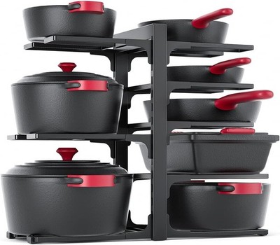 8 Tier Heavy Duty Adjustable Pan Organizer for Kitchen Cabinet Storage Black
