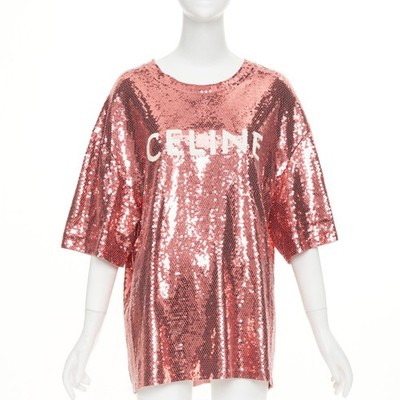 CELINE 2022 Runway rose pink white sequin logo oversized jersey tshirt M