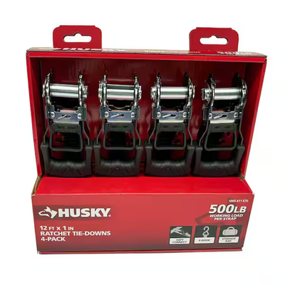 #ad HUSKY RATCHET TIE DOWN STRAPS 4 PACK 1 in. x 12 ft. Quick Release Hook 1500 lbs. $10.89