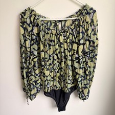 Free People Intimately Bodysuit XS Boho Paisley Blue Yellow Off Shoulder Balloon