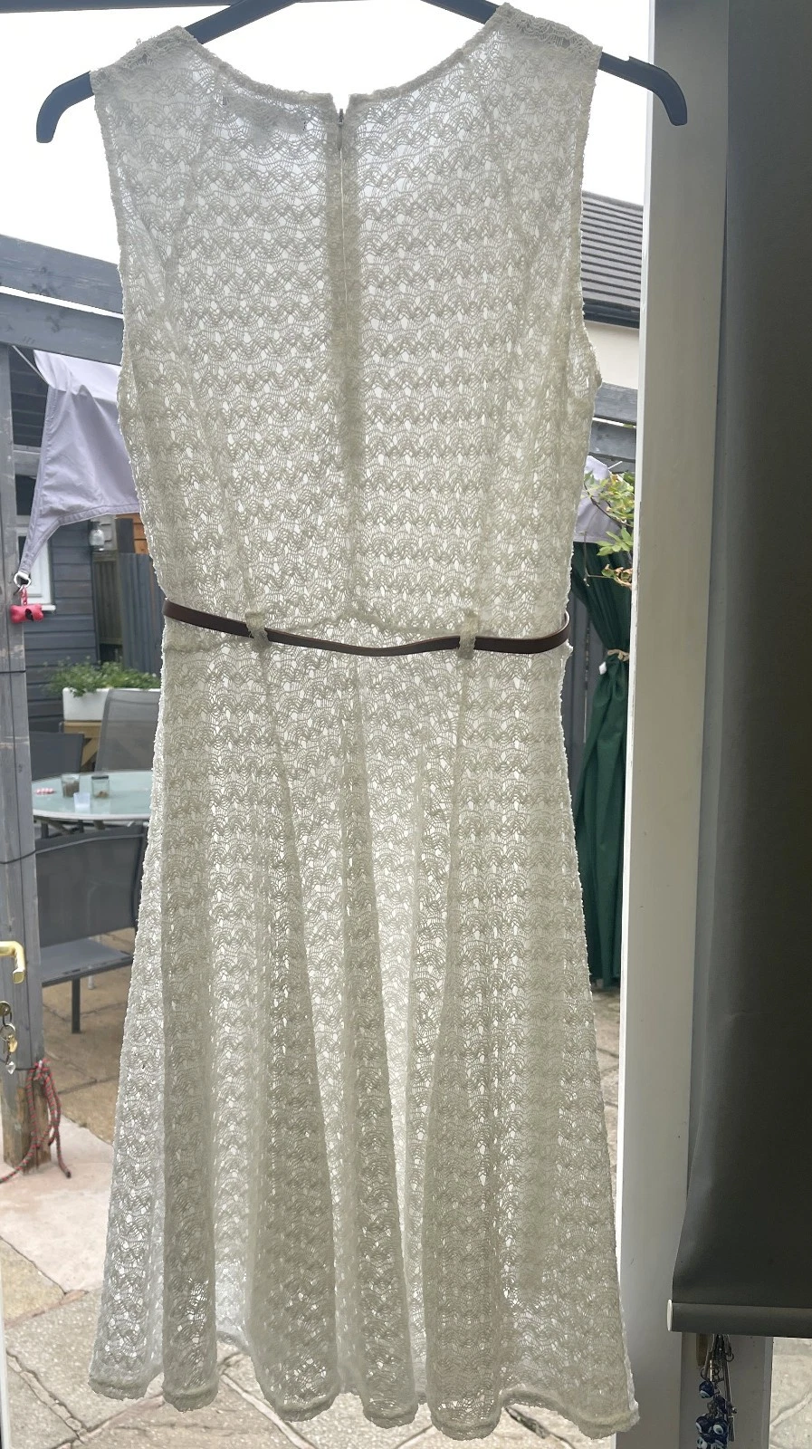 OFF WHITE Abito Sharagano look retrò lunghezza ginocchio foderato pizzo taglia UK 10 bianco sporco