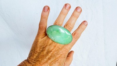 Oversized Chrysoprase Cocktail Ring. Recycled Sterling. Two-Finger. Adjustable.