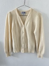 VTG Adele Joyce Angora Lambswool Pearl Button Cable Knit Cardigan Yellow Cream S