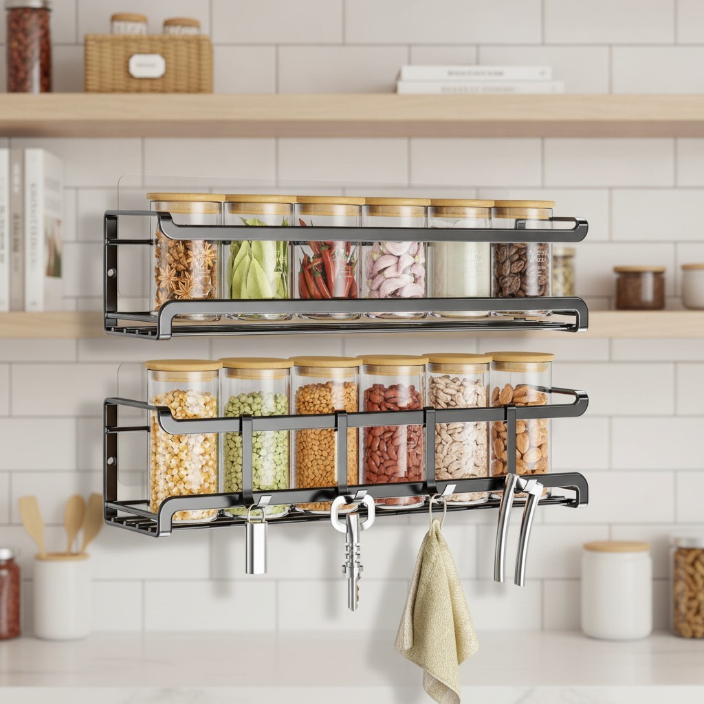Spice Rack Wall Mounted 2 Pack, Black,11.41x2.75x2.75in | 2 Removalble Hooks,...