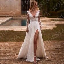 Boho Long Sleeve Wedding Dress Deep V-Neck High Slit Lace Applique A-Line Bridal