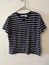 Croft & Barrow Large  Women’s Blue Striped V-Neck Cotton Short Sleeve T-Shirt