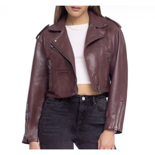 BLANKNYC Cropped Faux Leather Moto Jacket Burgundy Plum Size Small