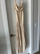 Lioness Beige Cowl Neck Pleated Midi Slip Dress, Viscose Knit, Size M