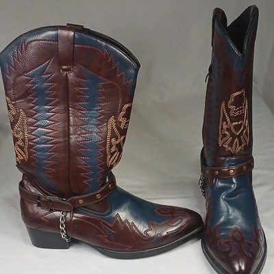 Western Equestrian Cowboy Boots Brown Blue Harness Chain US Size 9 8251-2