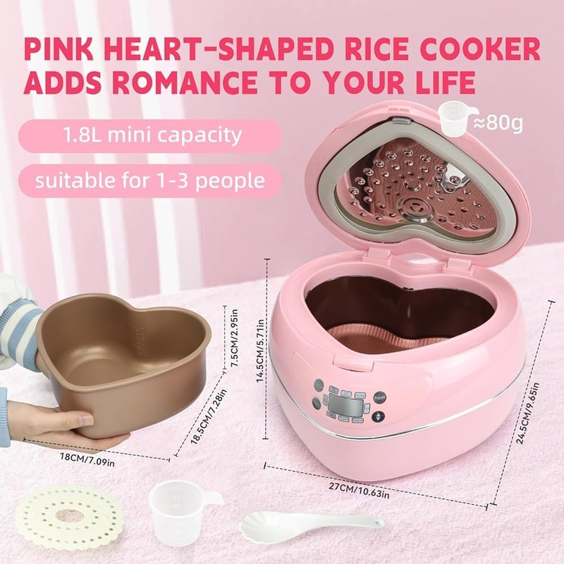 Peach Heart Shape Rice Cooker 8 Cup Cooked with Preset Timer 4 Cup Uncooked Rice