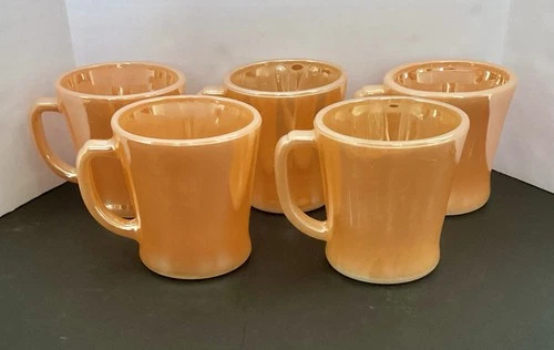 Five Vintage Anchor Hocking Fire King Peach Luster Mugs With “D” Handle