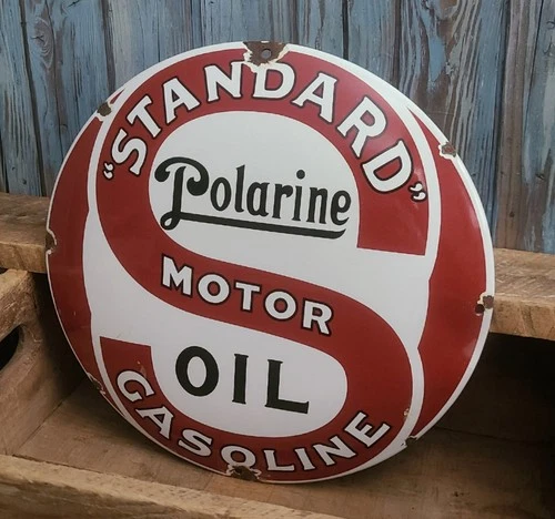 Vintage Polarine Motor Oil Standard Gasoline Porcelain Metal Gas Pump Plate Sign
