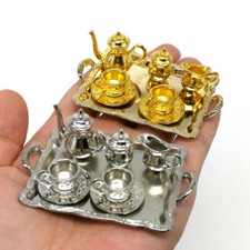 8PC Dollhouse Miniatures Alloy Teapot Tea Cup Set Kitchen 1:12 Scale Accessorie