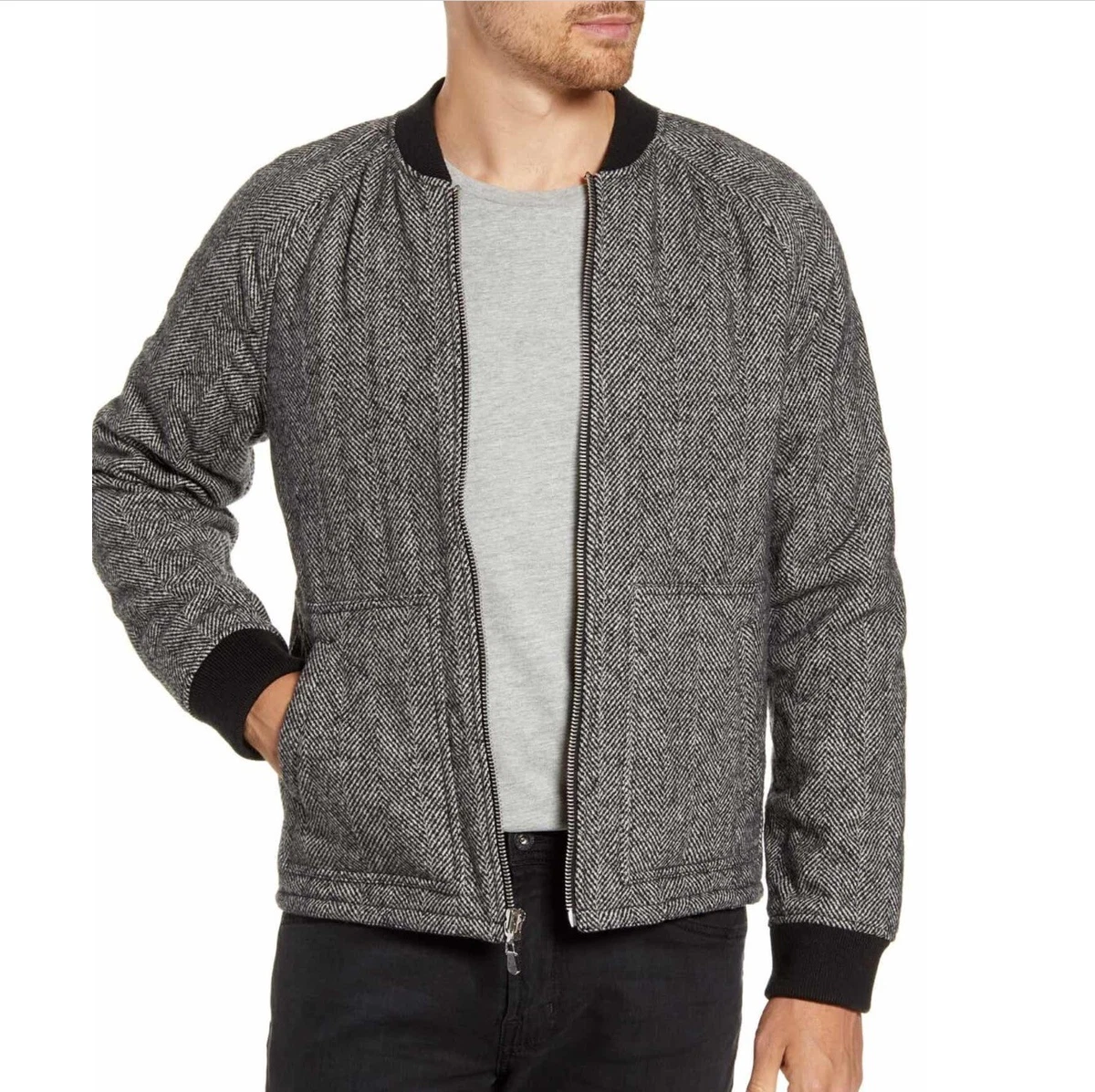 Wool bomber jacket grey herringbone