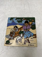 Vtg Leone Kuhne Earthtones Children With Sheep Ceramic Trivet Art Tile 6x6” 1984