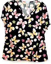SB Scrubs Medical Top Floral Butterfly V-Neck Short Sleeves 3 Pockets Womens MED
