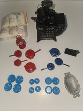 VINTAGE 26-PC LOT OF METAL ENAMEL Pots plates bowls DOLLHOUSE KITCHEN Stove pots