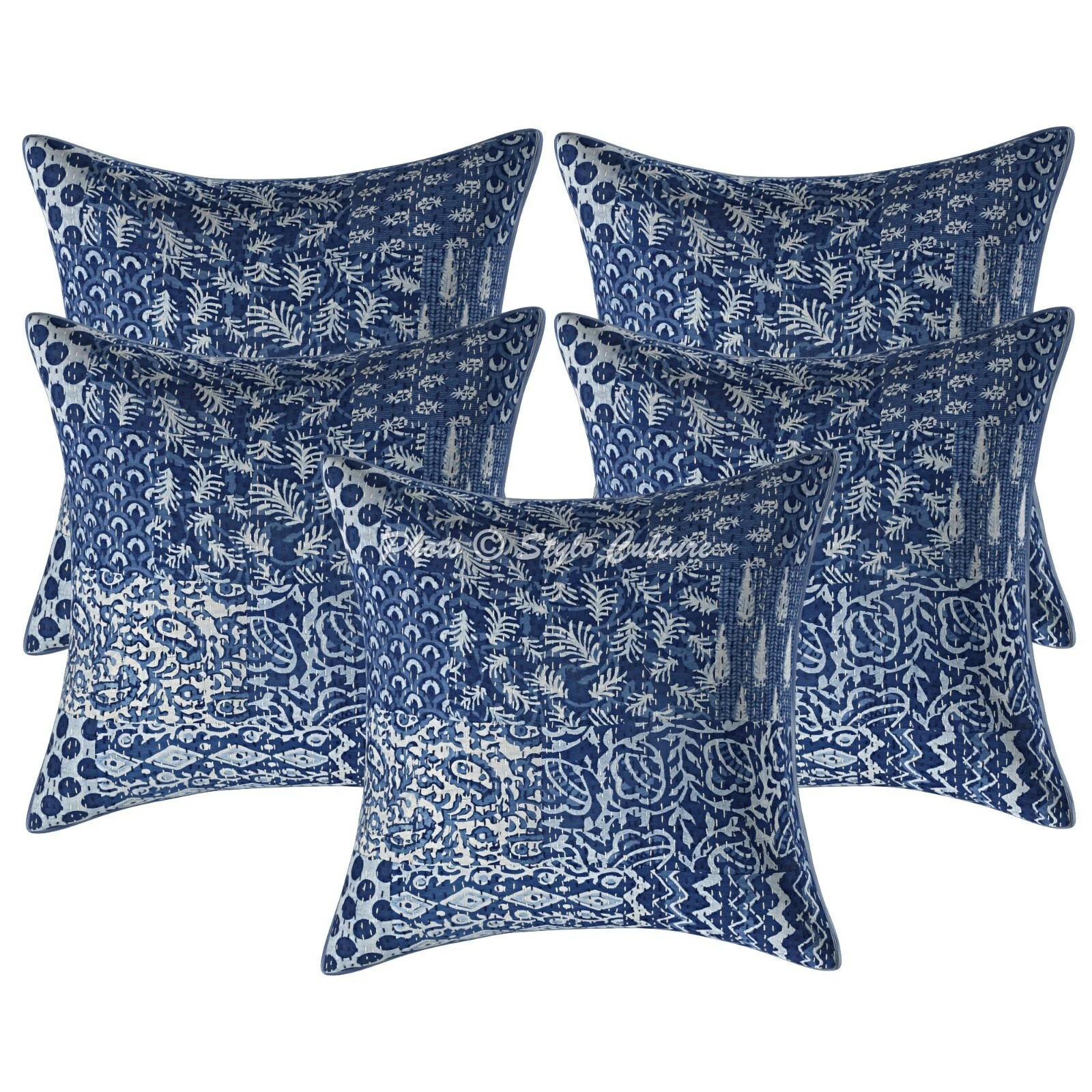 Boho Cushion Covers Indigo Blue 40 x 40 cm Kantha Cotton Patchwork Throw Pillows