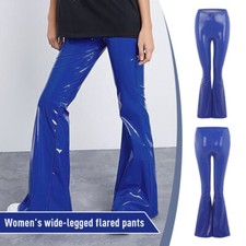 Bright Mirror PU Leather High Waist Wrap Hip Pants Wide Leg Elastic Flare Pants