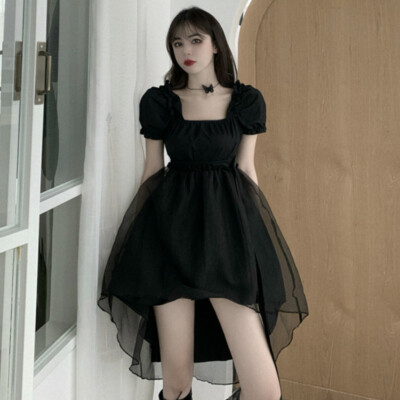 Lady Girl A Line Dress Lolita Puff Sleeve Mesh Tail High Waist Gothic Punk  Black | eBay