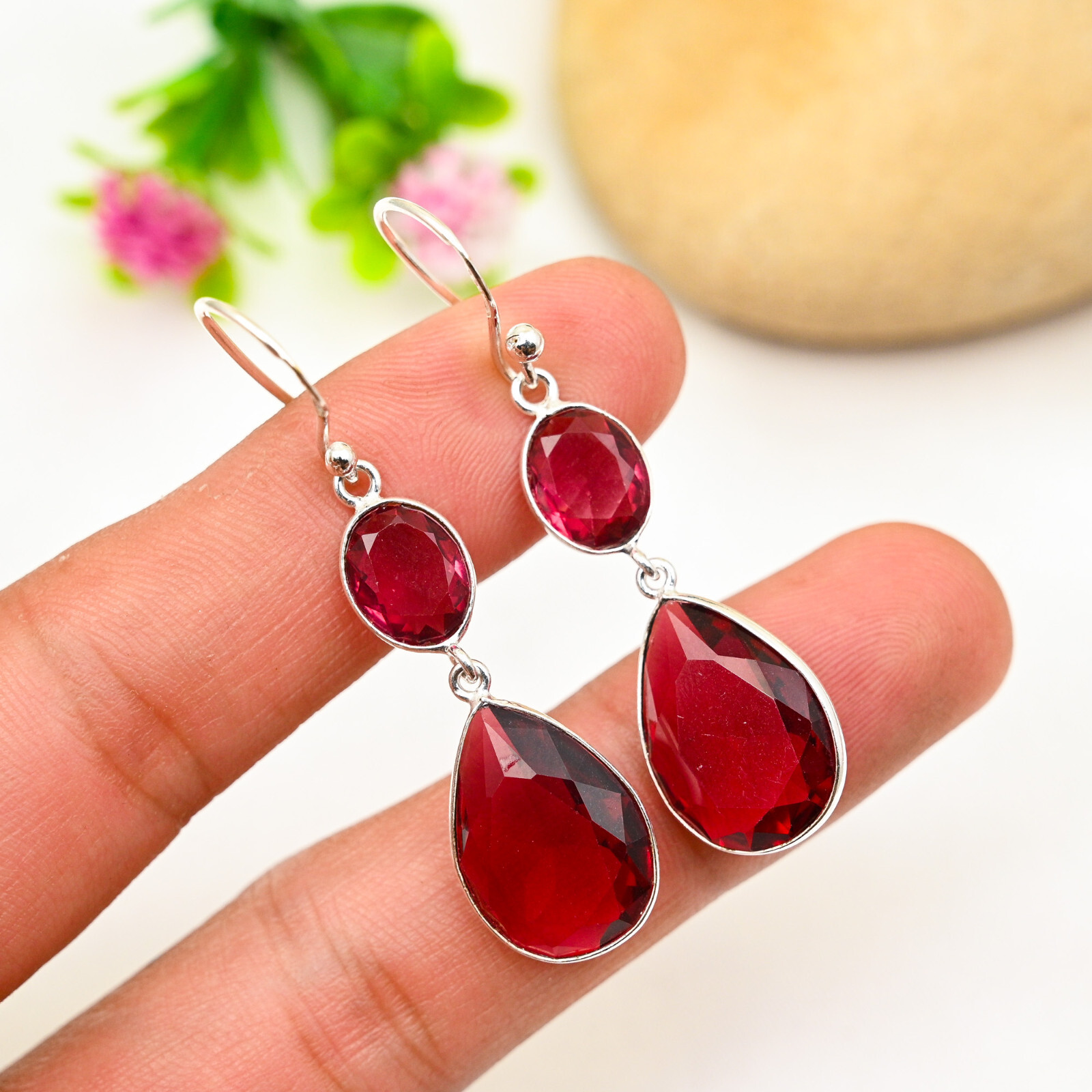 Red Garnet Gemstone 925 Sterling Silver Earring Handmade Jewelry Earrings Gift