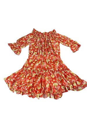 Misa Los Angeles Darla Off Shoulder Dress Medium Mandarin Fan Ruffle Tropical