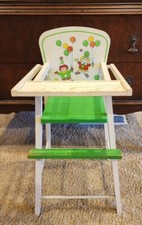 Silla alta muñeca vintage verde y blanca con payasos y globos para muñecas de 18"
