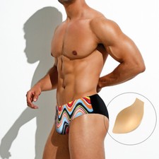 Men's Low Waisted Swim Trunks Quick Dry Trend Striped Professional Bathing Suit