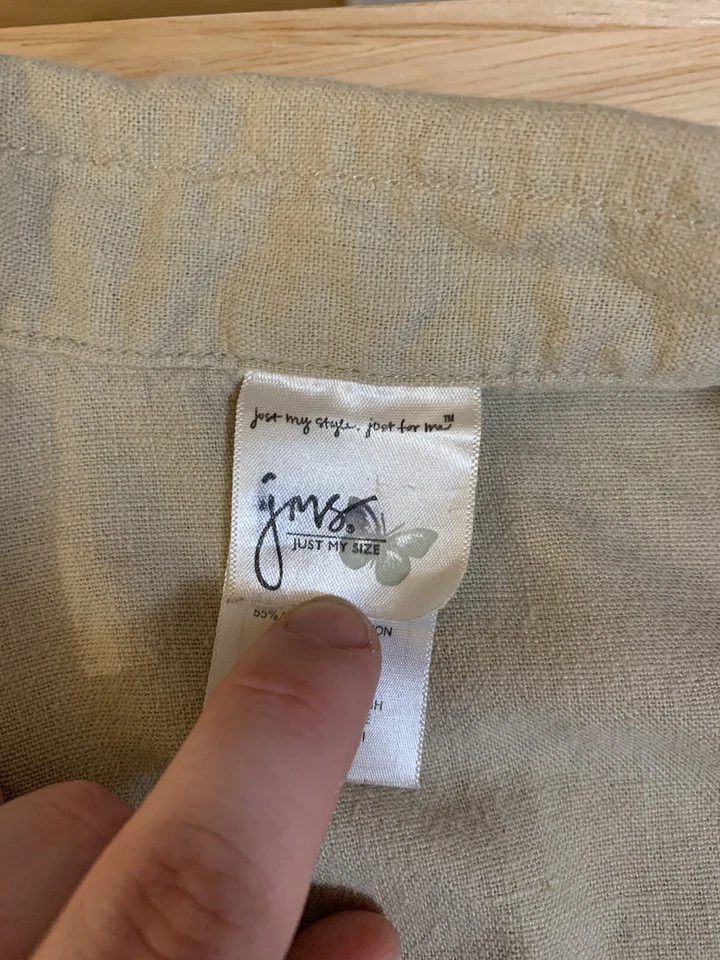 女式复古 90 年代 1X 码鞭打拿铁亚麻混纺纽扣衬衫 Lagenlook — 第 4/4 张图片