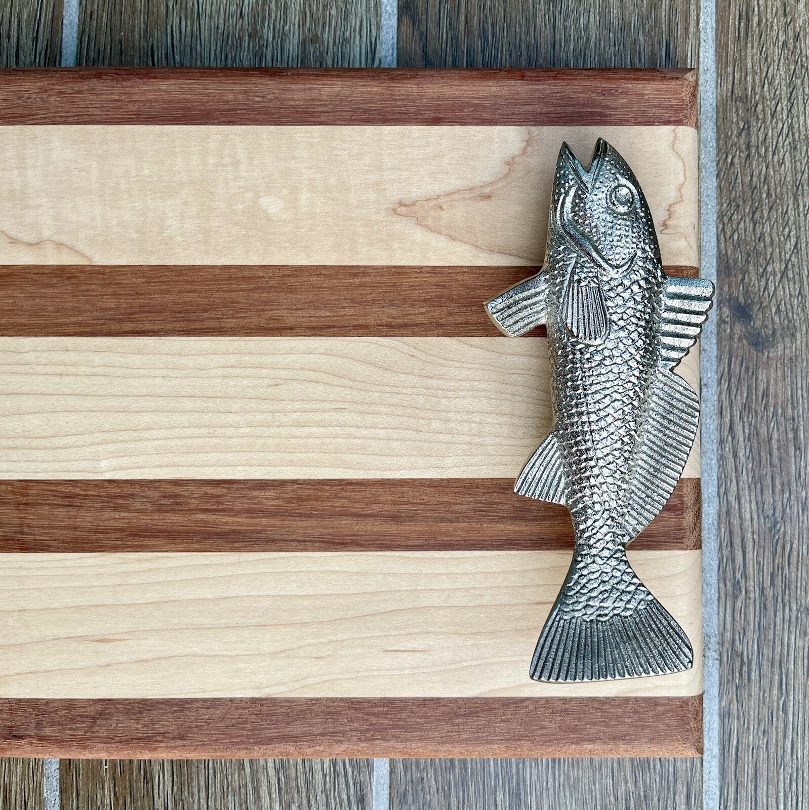 Soundview Millworks Maple/Mahogany  Cutting Board w Silver Fish Shaped Handles