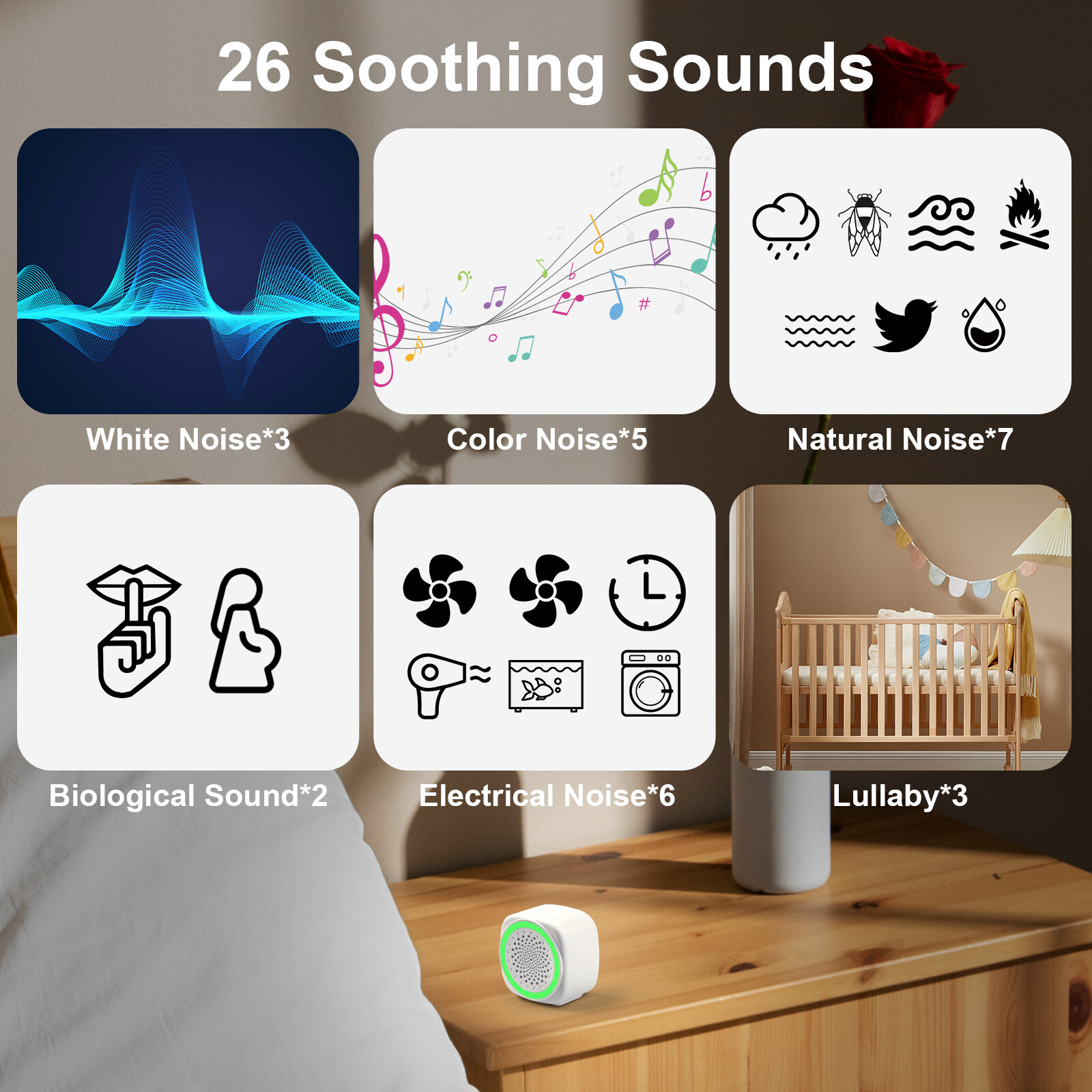 Portable Q9 White Noise Sound Machine–26 Relaxing Sleep Sounds, Timer Function