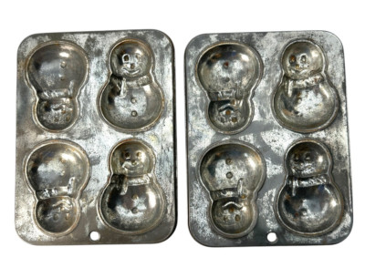 Vintage Tin Snowman Mold Baking Pan Cookie Muffin Cake Corn Bread 2 Molds