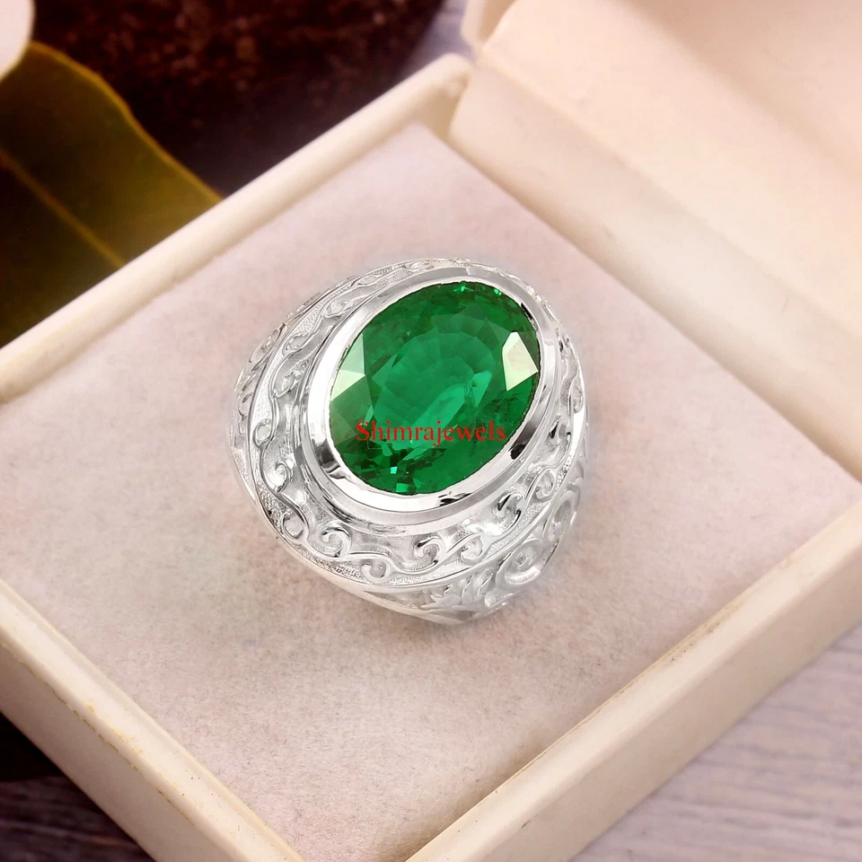 Labor Erstellt Smaragd Edelstein Mit 18K Weiß Vergoldet Silberring Für Men #1282 - Bild 2 von 4